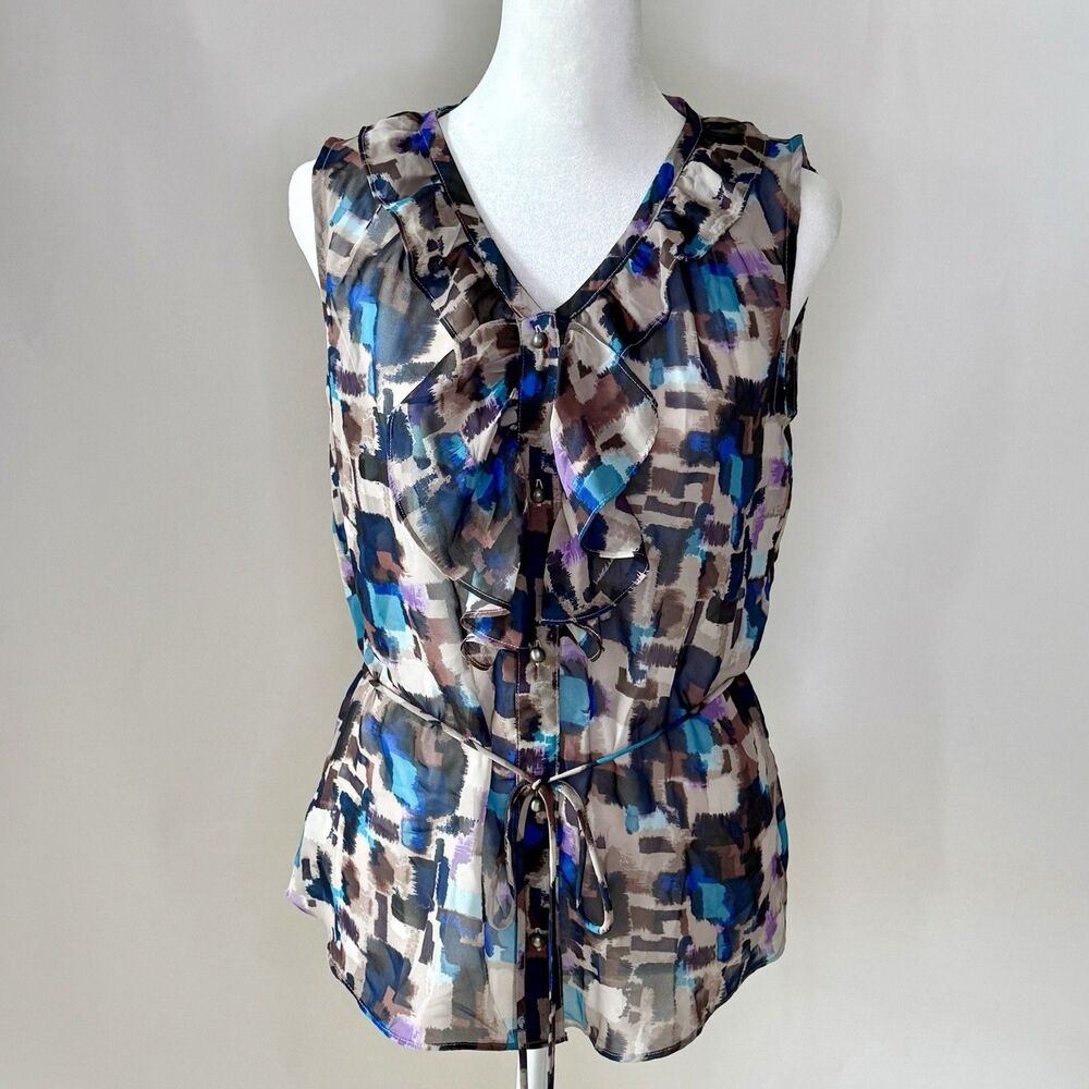 BANANA REPUBLIC Button Down Sleeveless Blouse Women's S Blue Black Ruffled Sheer